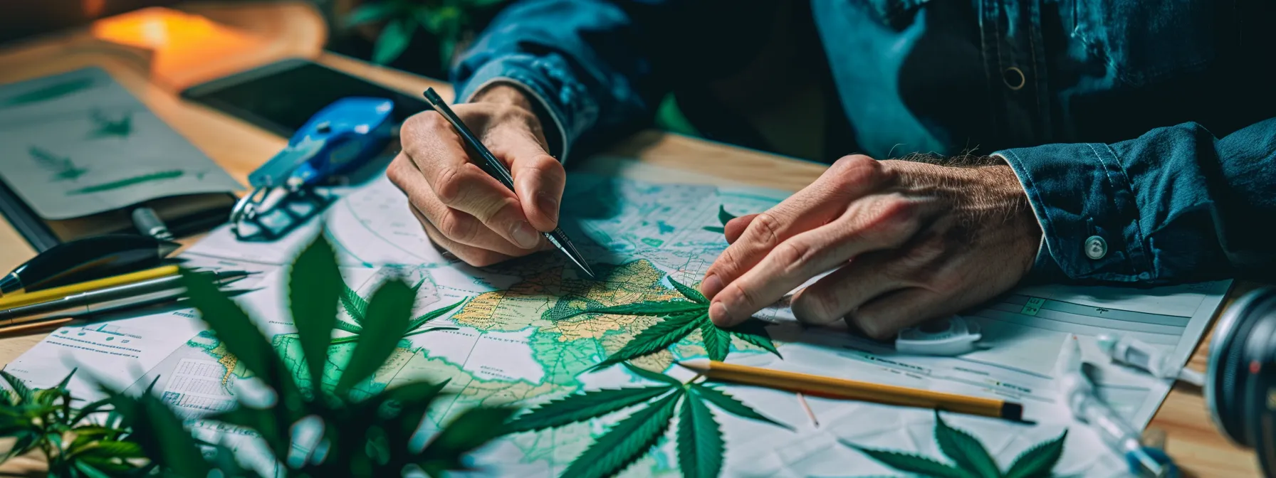 a graphic designer carefully crafting a cannabis logo, surrounded by a map of regulations and design elements.