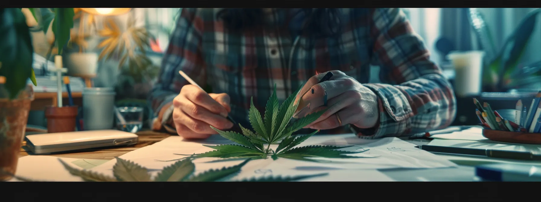 a designer meticulously crafting a logo with a cannabis leaf motif.