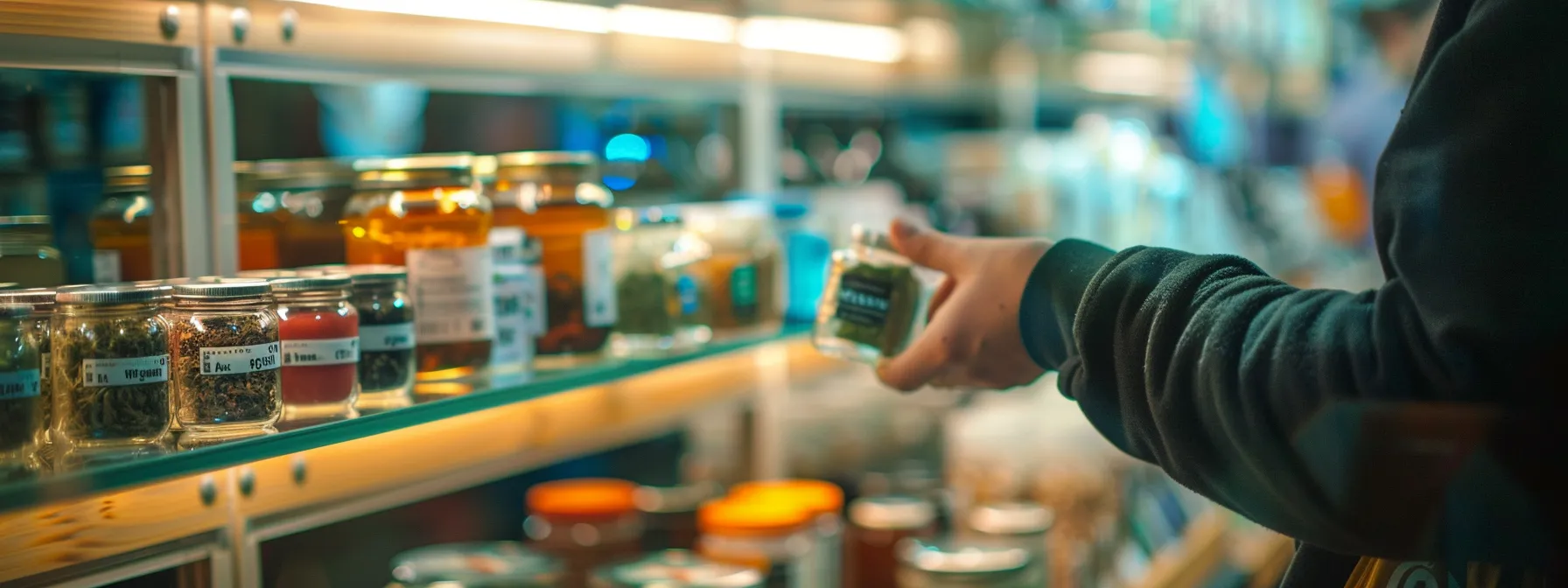 a person updating a display of new and trendy cannabis products in a dispensary.